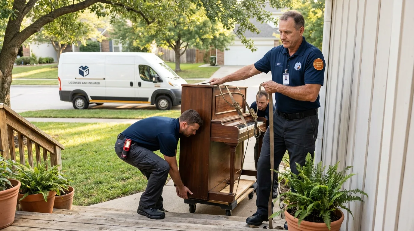 Licensed piano movers securing grand piano in Comstock Park, MI