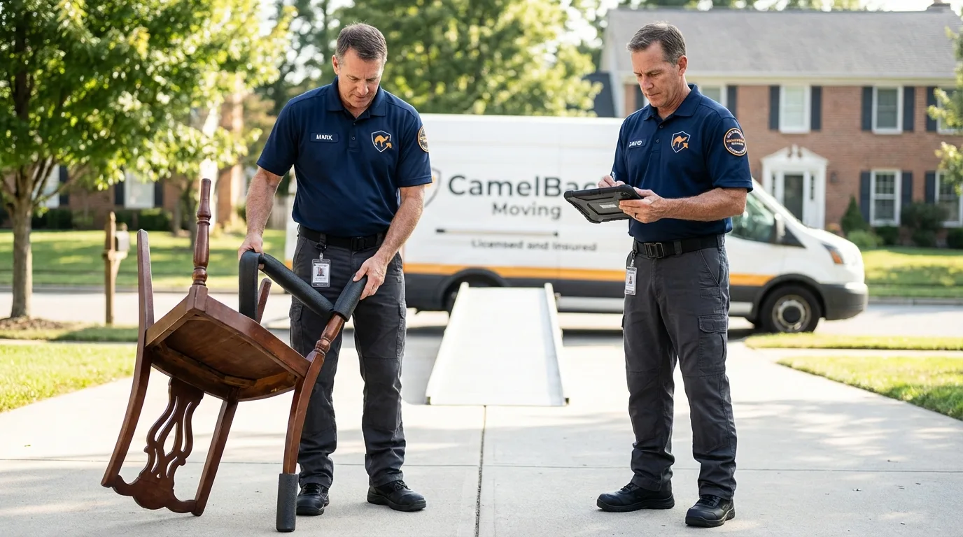 Movers inspecting furniture for damage prevention before loading in Comstock Park, MI