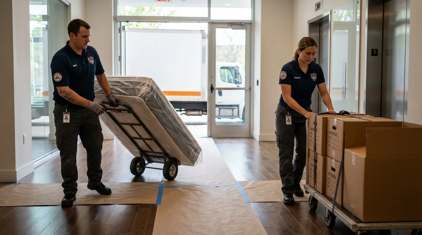 Professional apartment movers loading elevator in Comstock Park, MI