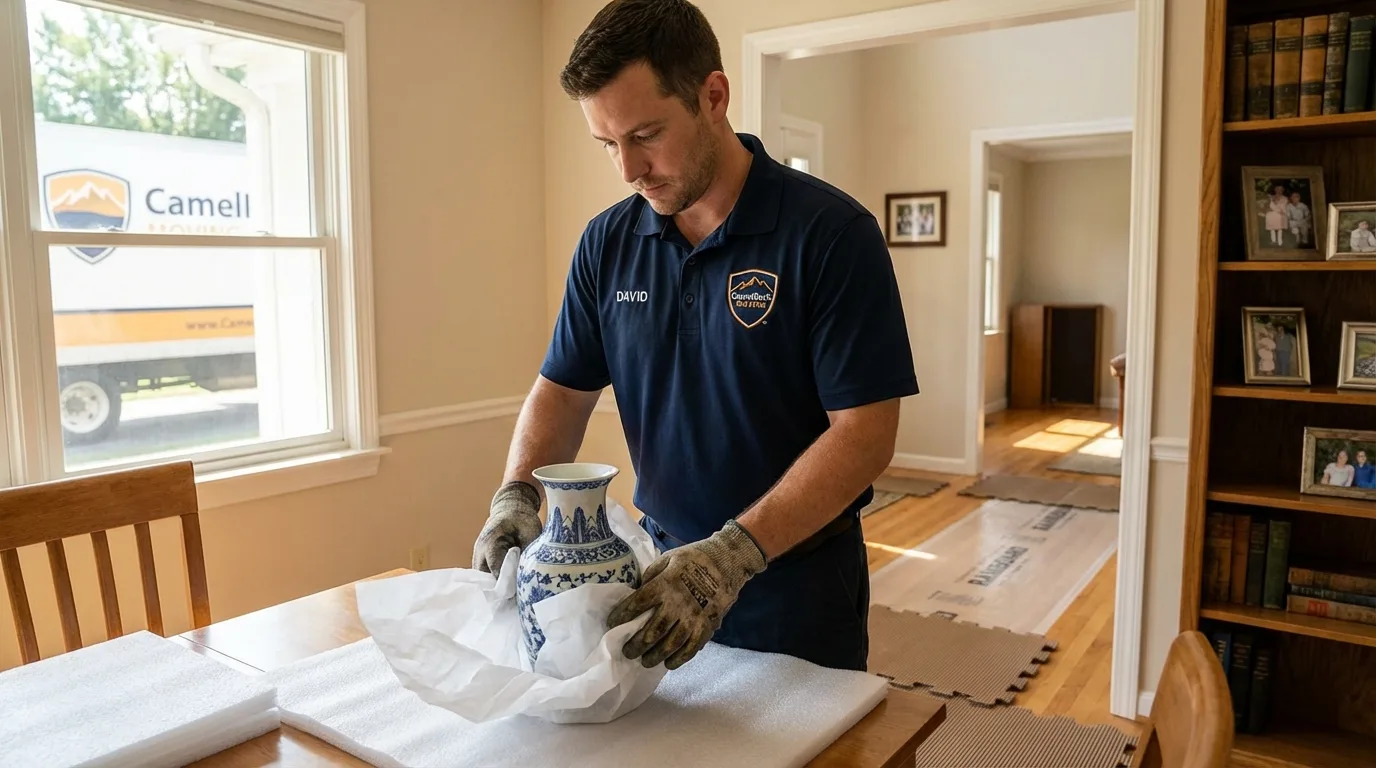 Professional crew carefully wrapping antique vase for senior downsizing move in Comstock Park, MI